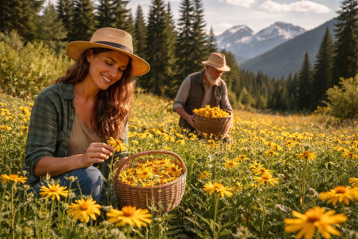 People harvesting arnica flowers in mountain field surrounded by nature for botanical production