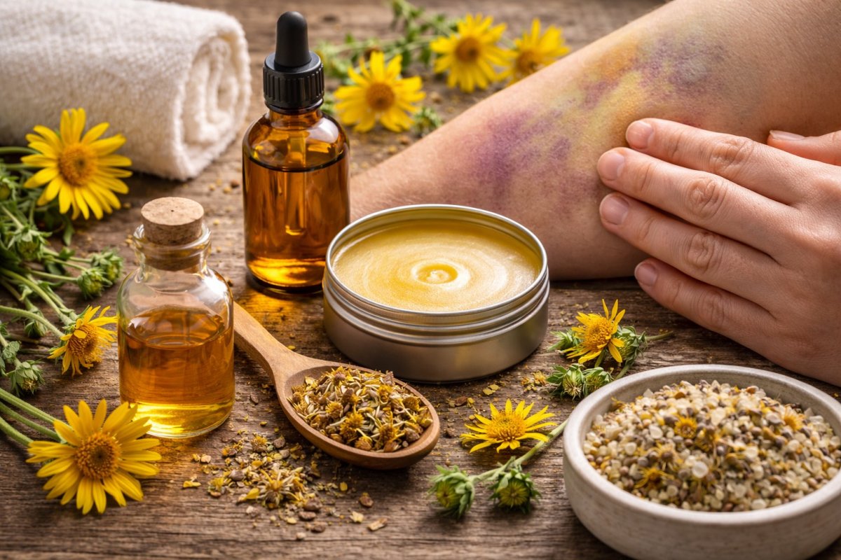 Best arnica for bruises showing arnica oil salve and herbal ingredients for bruise-focused body care