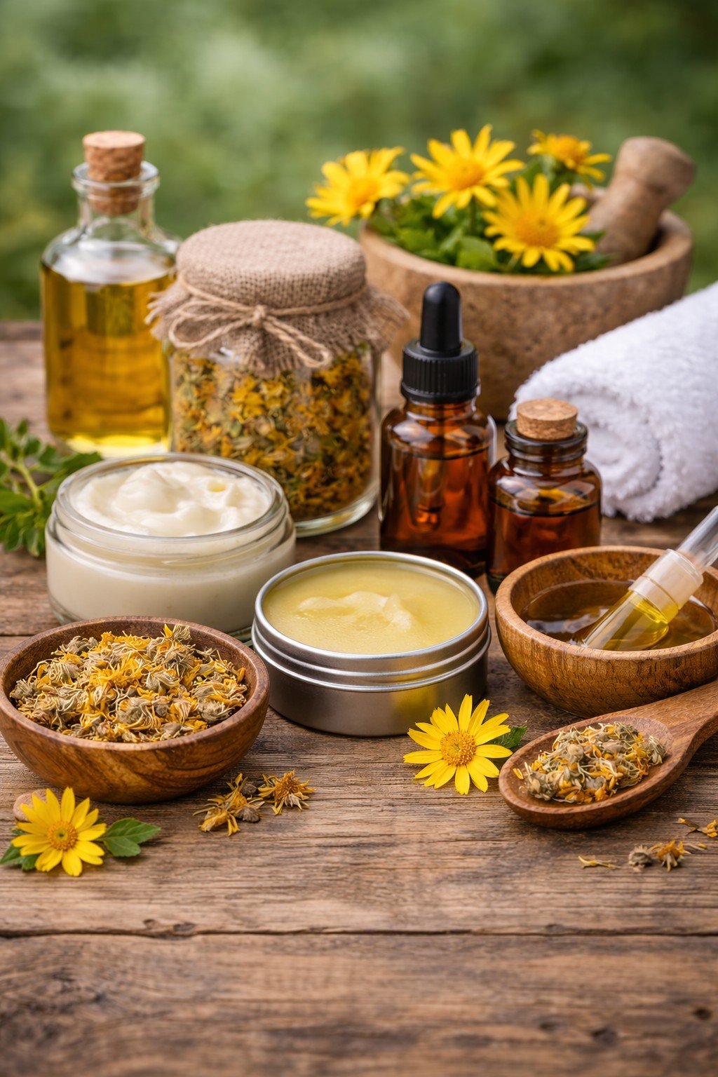 Arnica herbal remedies including oils, salves, creams, extracts and dried flowers on wooden surface