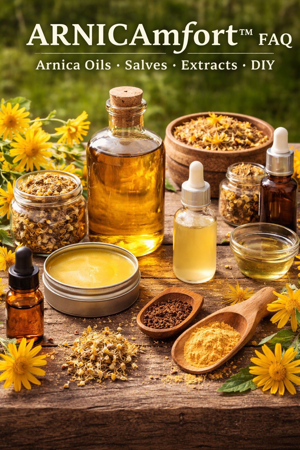 Arnica Oil and other Arnica products for bruises massage and body care arranged with Arnica flowers