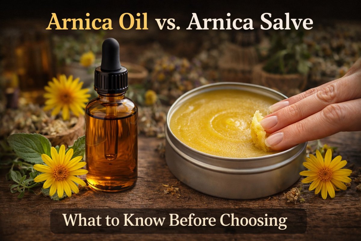 Arnica oil vs arnica salve comparison showing liquid oil in glass bottle and thick salve in tin with botanical ingredients