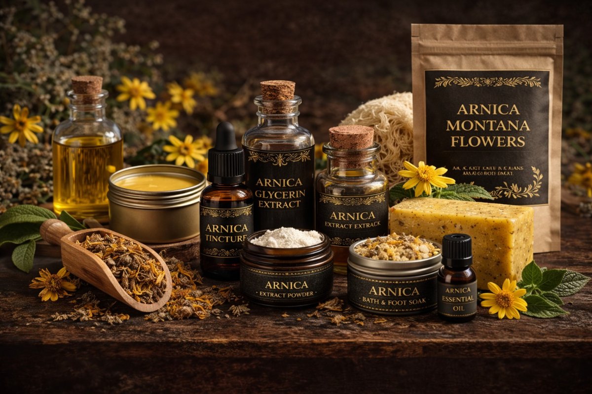 Arnica products guide showing oil, salve, tincture, extract powder, glycerin extract, soap, bath soak, and botanical ingredients