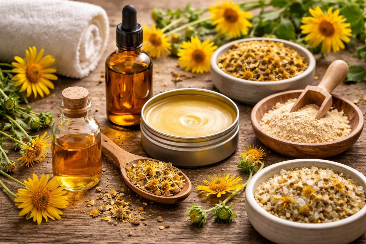 Best arnica remedies for bruises sore muscles and body care showing arnica oil salve flowers powder and herbal preparations