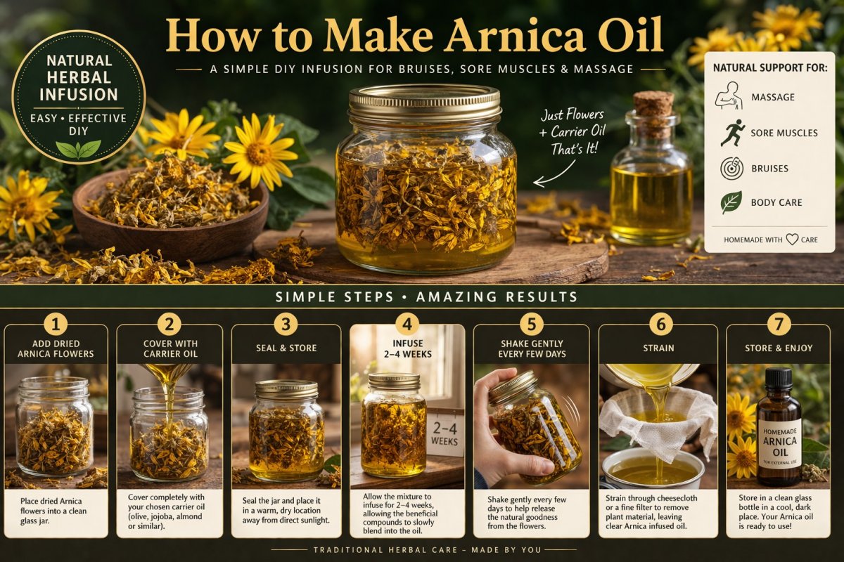 How to make arnica oil step by step showing dried arnica flowers infused in carrier oil in glass jar