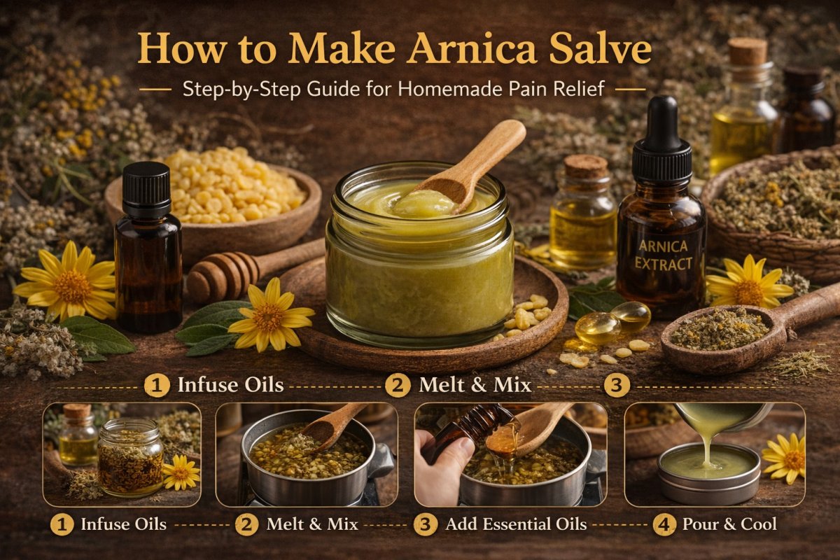 How to make arnica salve step by step showing beeswax arnica oil and pouring into jar for homemade balm