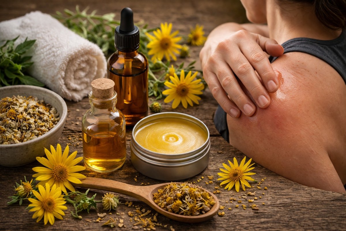 Arnica for sore muscles showing natural remedy with oil salve and herbal ingredients for massage and recovery