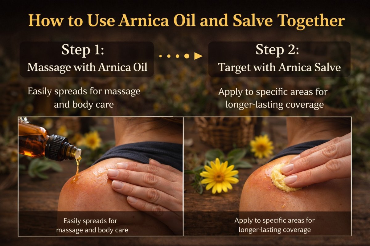 How to use arnica oil and salve together showing massage with oil followed by targeted salve application on skin