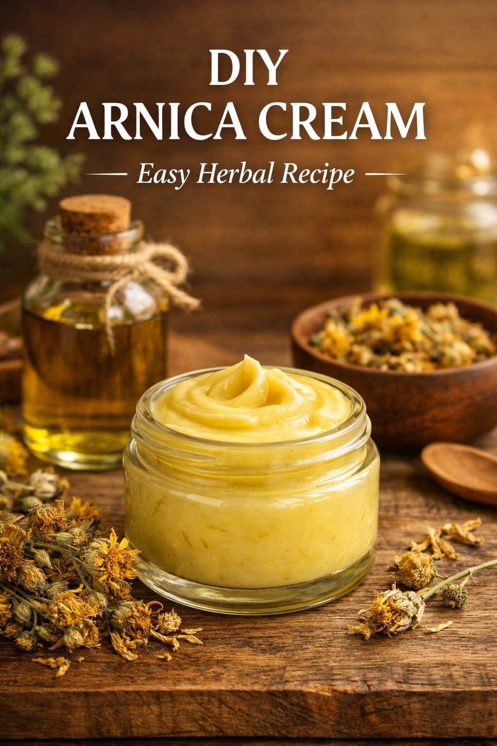 DIY arnica cream recipe herbal balm in glass jar with dried arnica flowers and botanical ingredients