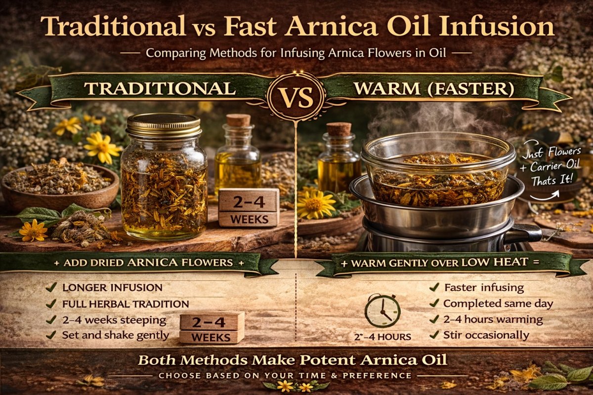 Traditional vs fast arnica oil infusion comparison showing 2-4 week cold infusion and warm 2-4 hour method with dried flowers and carrier oil